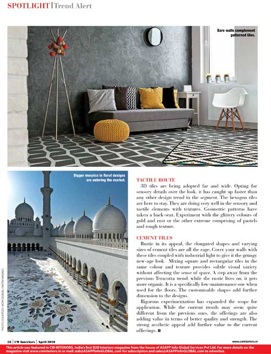 Spotlight Trends CW Interiors featured BFT's Geometric pattern tile in their April 2018 issue.