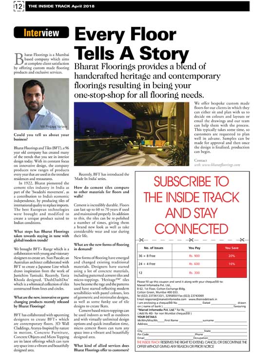 The Inside Track featured BFT's Every Floor Tells A Story in their April 2018 issue.